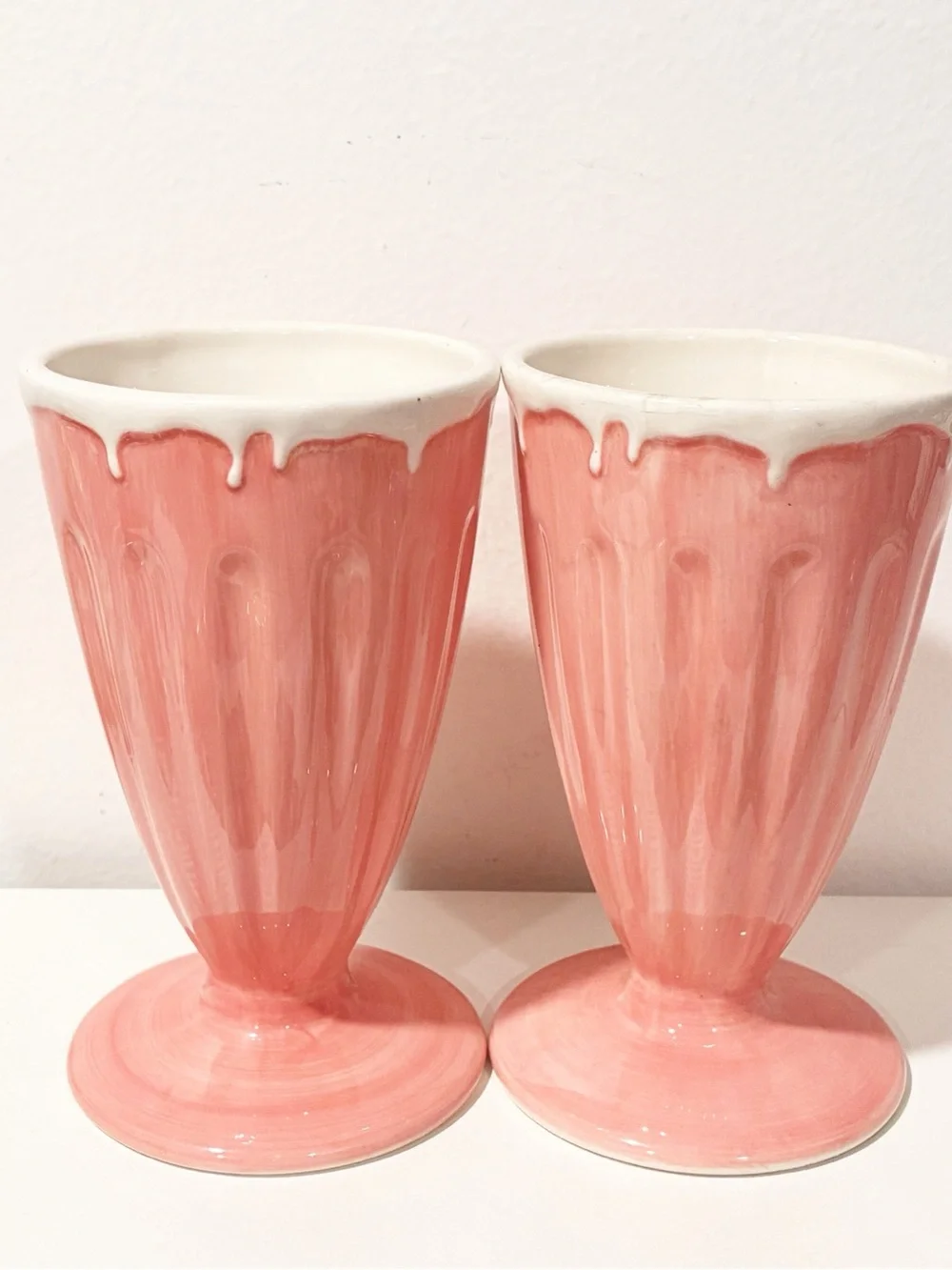 Pottery Barn Ceramic Pink Milkshake Parfait Glasses Set of 2